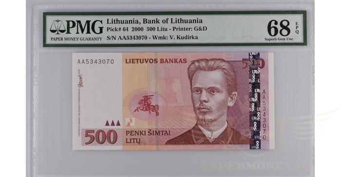 #64 2000 m. 500 litų  AA serija PMG68 Top pop!