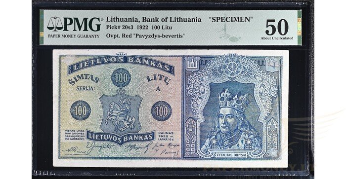 #20 1922 m. 100 litų serija A, PMG50 PAVYZDYS-BEVERTIS