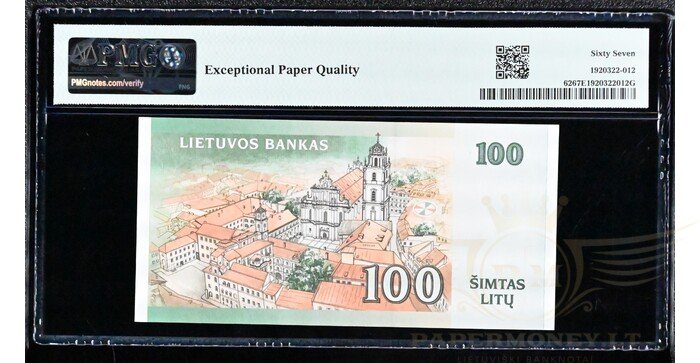 #62 2000 m. 100 litų  AB serija žemas numeris PMG67! 1