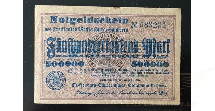 Vokietija 1923 500 tūkst. markių VF - GERMANY NOTGELD MECKLENBURG-SCHWERIN, Freistaat, 500 Tausend auf 100 Mark, VF
