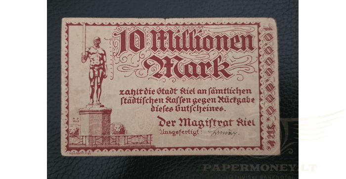 Vokietija 1923 10 milijonų markių VF - GERMANY BANKNOTE 10 MILLION MARK STADT-KIEL 1923, VF