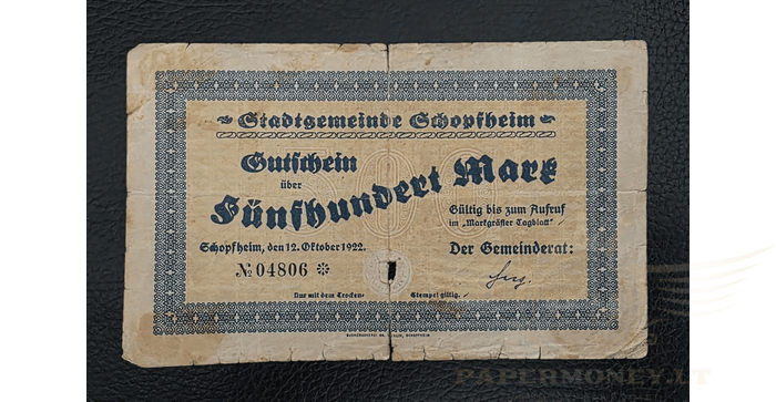 Vokietija 1922 500 markių VF - Germany, Schopfheim/ Stadt, 500 Mark, 1922,  vf