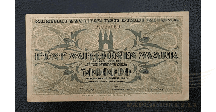 Vokietija 1923 5 milijonai markių VF - GERMANY BANKNOTE 5 MILLION MARK STADT-ALTONA 1923, VF