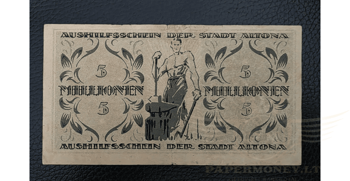 Vokietija 1923 5 milijonai markių VF - GERMANY BANKNOTE 5 MILLION MARK STADT-ALTONA 1923, VF
