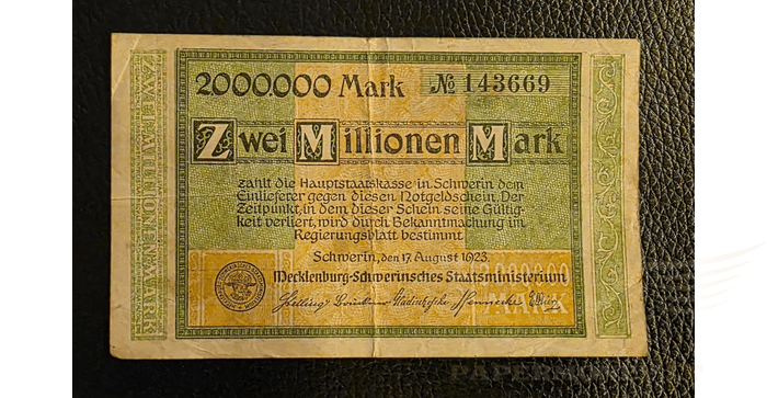 Vokietija 1923, 2 milijonai markių VF - GERMANY BANKNOTE 2 MILLION MARK SCHWERIN 1923, VF