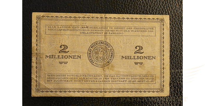 Vokietija 1923, 2 milijonai markių VF - GERMANY BANKNOTE 2 MILLION MARK SCHWERIN 1923, VF