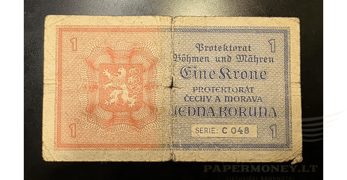  Čekija 1940 1 krona F - Czech Bohemia & Moravia, 1 Koruna 1940, F