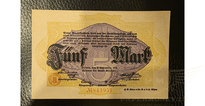 Vokietija 1918 5 markės aUNC -  Germany, 1918 Germany ALTONA 5 Mark Banknote, aunc