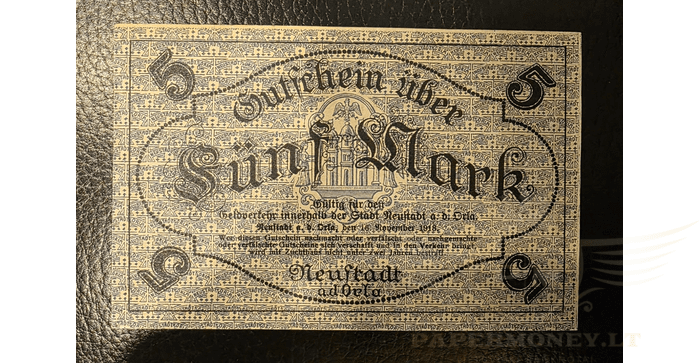 Vokietija 1918, 50 markės XF - GERMANY Neustadt a.d. Orla/ Stadt, 5 Mark, 1918, aUNC