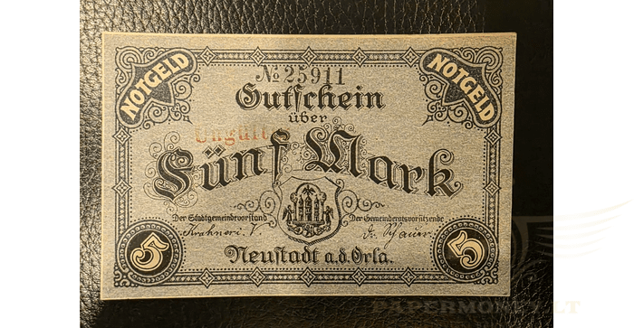 Vokietija 1918, 50 markės XF - GERMANY Neustadt a.d. Orla/ Stadt, 5 Mark, 1918, aUNC