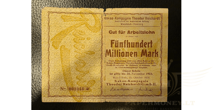 Vokietija 1923, 500 milijonai markių VF - Germany 500 mln Mark Kakao-Kompagnie Theodor Reichardt 1923, Wandsbek, VF