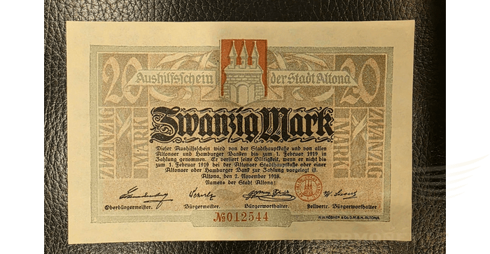 Vokietija 1918 20 markių UNC - 20 Mark 1918 City of Altona Schleswig-Holstein UNC Germany