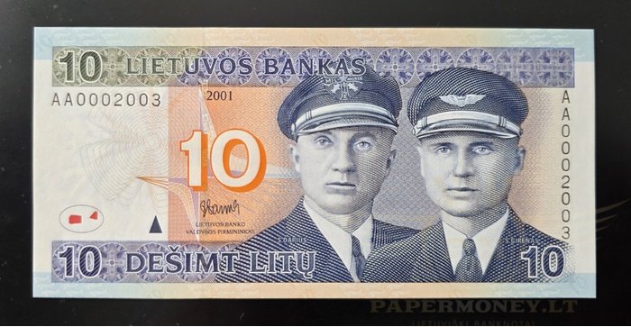 #65 2001 m. 10 litų AA serija žemesnis n umeris 0002003 UNC !