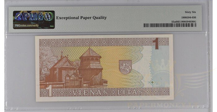 #53 1994 m. 1 litas  AAC serija ŽEMAS NUMERIS PMG66 ! 1
