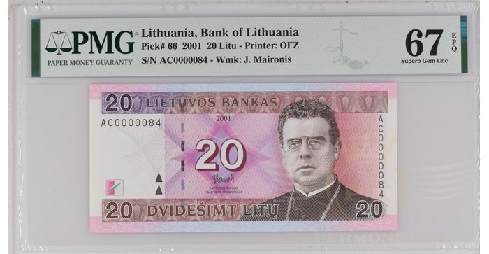 #66 2001 m. 20 litų AC serija extra žemas numeris PMG67 !