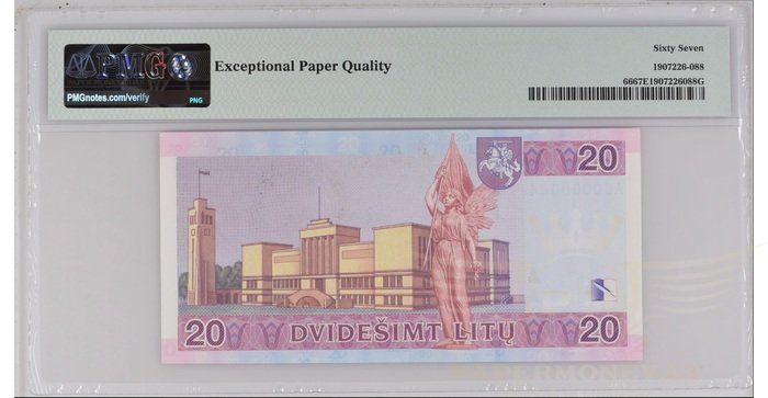 #66 2001 m. 20 litų AC serija extra žemas numeris PMG67 ! 1