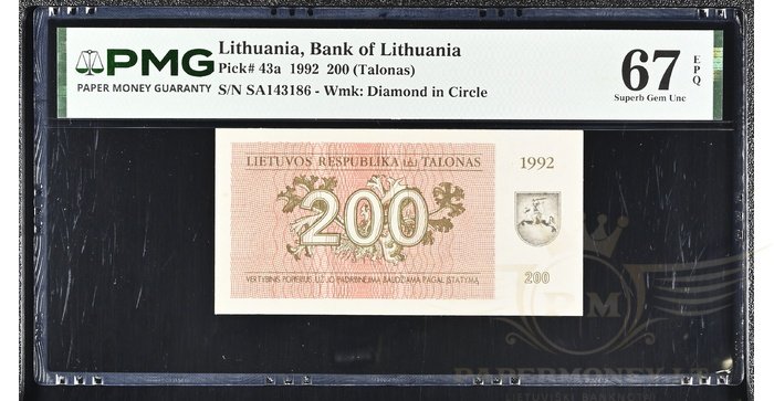 #43 1992 m. 200 talonų SA serija PMG67!