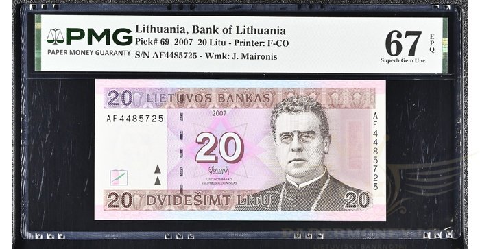 #69 2007 m. 20 litų AF serija PMG67 UNC !