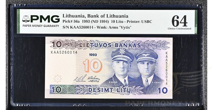 #56 1993 m. 10 litų  KAA serija PMG64!