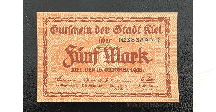 Vokietija 1918 5 markės UNC - GERMANY KIEL 5 MARK 1918 EMERGENCY MONEY NOTGELD UNC