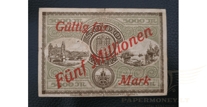 Vokietija 1923 5 milijonai markių VF - GERMANY BANKNOTE 5 MILLION MARK HAMBURG 1923, VF