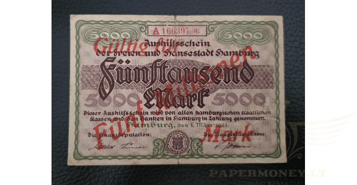Vokietija 1923 5 milijonai markių VF - GERMANY BANKNOTE 5 MILLION MARK HAMBURG 1923, VF