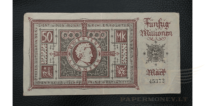 Vokietija 1923 500 milijonų markių VF - GERMANY BANKNOTE 50 MILLION MARK RENDSBURG 1923, vf