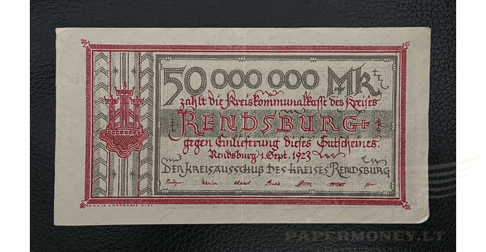 Vokietija 1923 500 milijonų markių VF - GERMANY BANKNOTE 50 MILLION MARK RENDSBURG 1923, vf