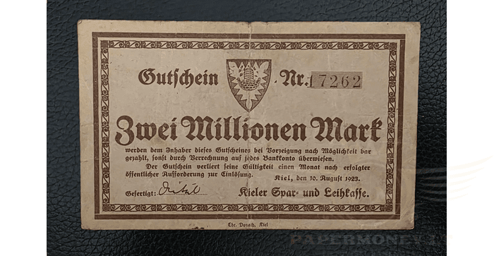 Vokietija 1923 2 milijonai markių VF - Germany 1923 Banknote Spar- und Leihkasse Kiel , 2 Millionen Mark, VF