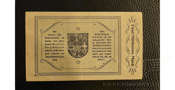 Vokietija 1923, 5 milijonai markių VF - Germany Schwerin, 1923, 5 millionen Mark, VF