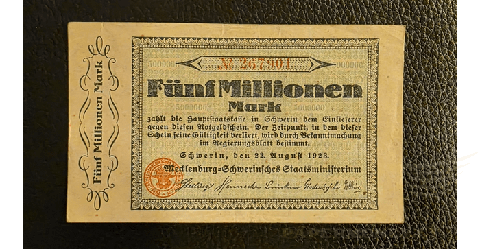 Vokietija 1923, 5 milijonai markių VF - Germany Schwerin, 1923, 5 millionen Mark, VF
