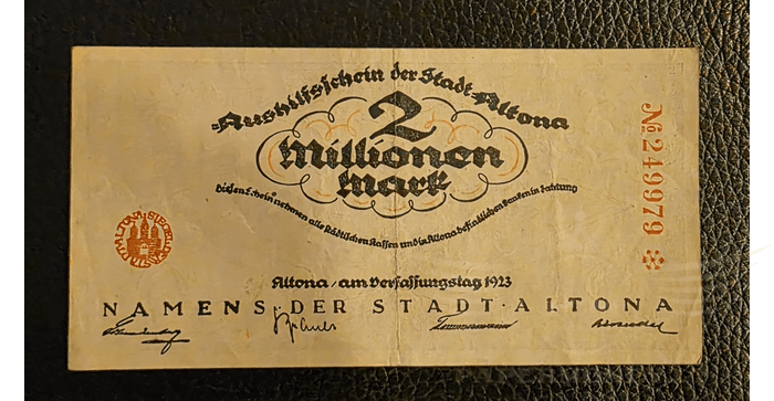 Vokietija 1923, 2 milijonai markių VF - GERMANY BANKNOTE 2 MILLION MARK STADT-ALTONA 1923, VF