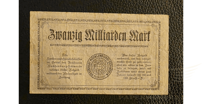 Vokietija 1923, 20 milijardų markių VF - Germany Mecklenburg, 20 Milliarden Mark 23.10.1923 Schwerin, VF