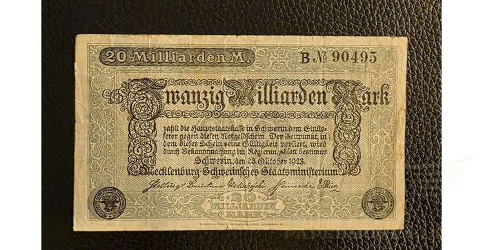 Vokietija 1923, 20 milijardų markių VF - Germany Mecklenburg, 20 Milliarden Mark 23.10.1923 Schwerin, VF
