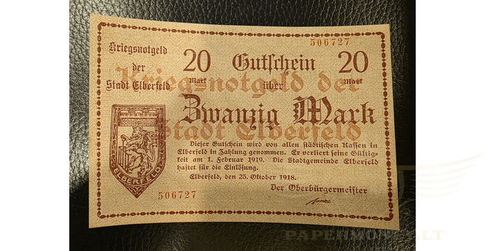 Vokietija 1918, 20 markių UNC - 1918 Germany ELBERFELD 20 Mark Banknote / Notgeld UNC