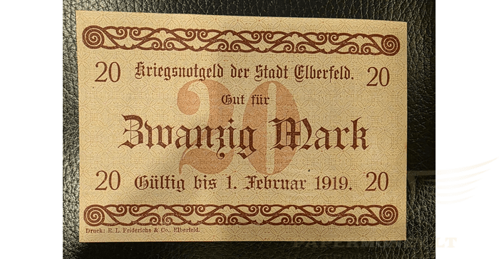 Vokietija 1918, 20 markių UNC - 1918 Germany ELBERFELD 20 Mark Banknote / Notgeld UNC