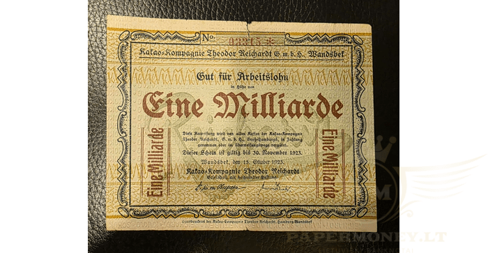 Vokietija 1923, 1 milijardas markių VF - Germany 1 mlrd Mark Kakao-Kompagnie Theodor Reichardt 1923, Wandsbek, VF