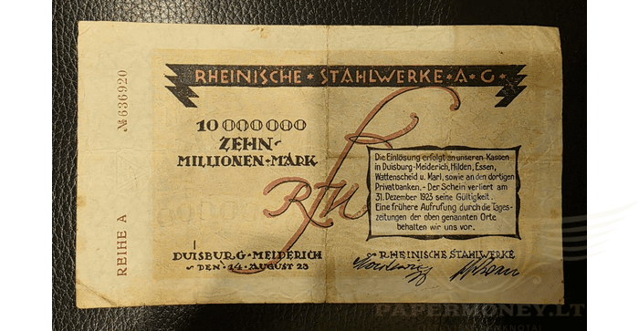 Vokietija 1923, 10 milijonų markių VF - Germany / Duisburg 10,000,000 Mark 14.8.1923 Circulated Banknote, VF