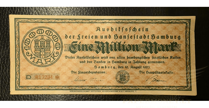 Vokietija 1923, 1 milijonas markių XF - Germany , 1,000,000 Mark , Hamburg , 10.8.1923 , Prefix D, XF Banknote