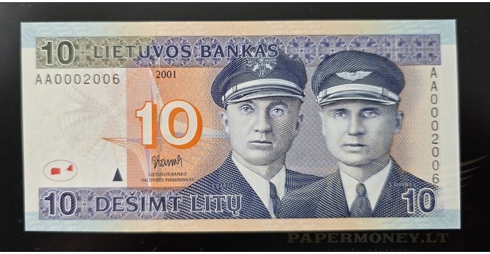 #65 2001 m. 10 litų AA serija žemesnis n umeris 0002006 UNC !
