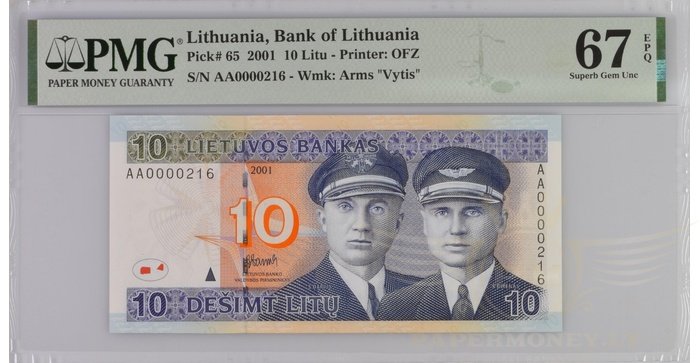 #65 2001 m. 10 litų AA serija žemas numeris PMG67 !