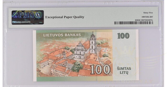#62 2000 m. 100 litų  AE serija extra žemas numeris PMG65! 1