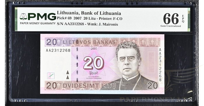 #69 2007 m. 20 litų AA serija PMG66 UNC !