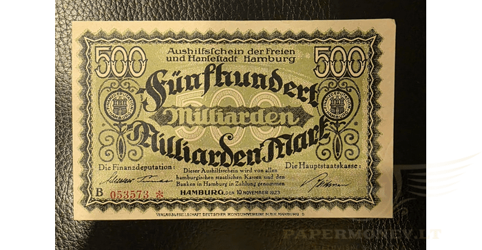 Vokietija 1923 500 milijardų markių aUNC - Germany, Hamburg , Banknote 500 Milliarden Mark, 1923, aUNC