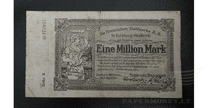 Vokietija 1923 1 milijonas markių VF - Germany,  1 Million Mark 1923 - city Duisburg, VF
