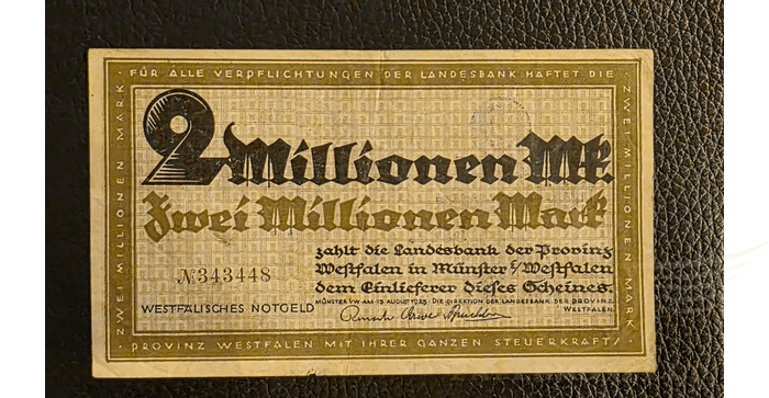 Vokietija 1923, 2 milijonai markių VF - Münster/ Landesbank der Provinz Westfalen, 2.000.000 Mark, 1923 Germany, VF