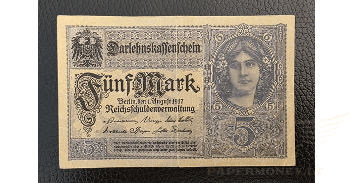 Vokietija 1917 5 markės VF - Germany 5 mark 1917. VF. P-56