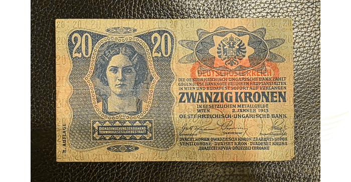 Austrija 1913 20 kronų VF -  1913 AUSTRIA 20 Kronen banknote - Pick #13, VF