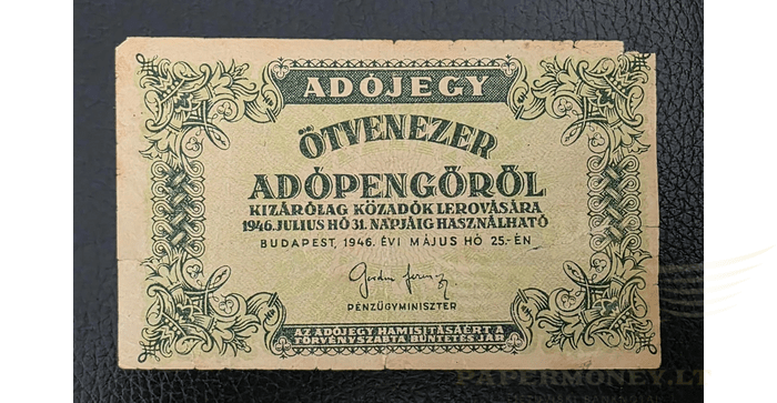 Vengrija 1946 50 000 pengo VF - Hungary 50.000 (otvenezer) adopengo 1946, VF