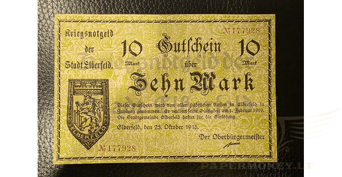 Vokietija 1918 10 markių aUNC - 1918 Germany ELBERFELD 10 Mark Banknote / Notgeld aUNC